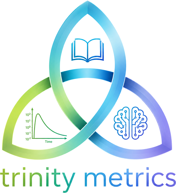 A triquetra of three interlocking loops: a pharmacokinetic time course, an open book, and a brain drawn as a circuit. Wordmark: trinity metrics.